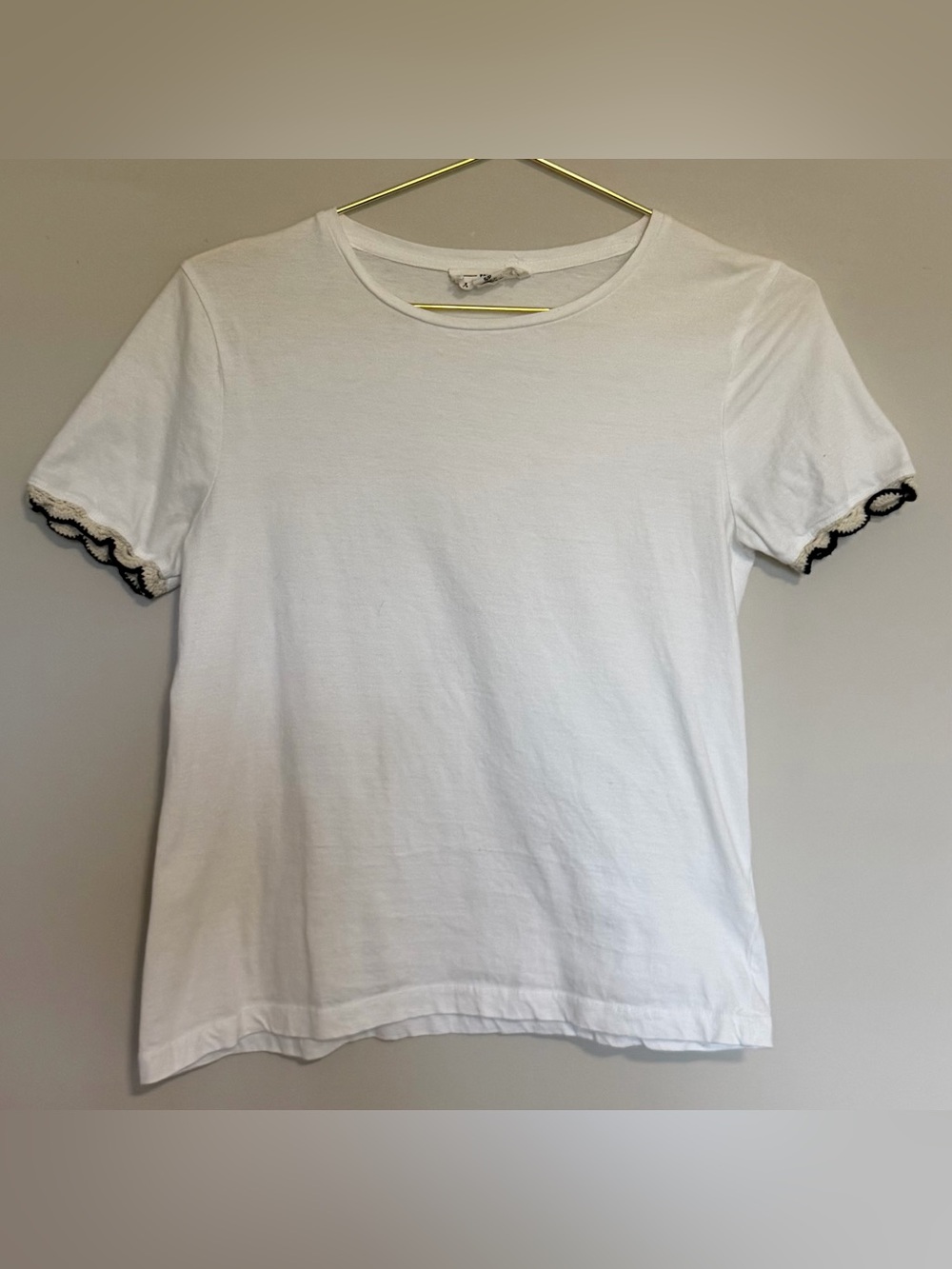 For The Republic White Crewneck Tee with crochet ruffle trim